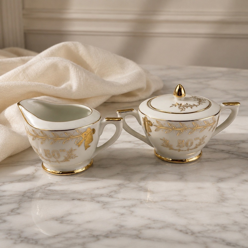 Vintage Lefton China 274N 50th Anniversary Creamer and Covered Sugar Bowl Gold